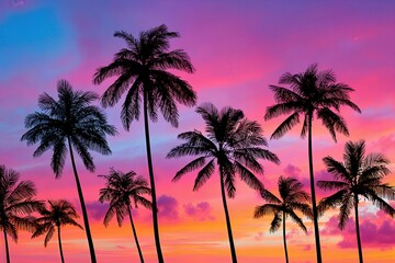 Silhouetted palm trees against a vibrant pink, purple, and orange sunset sky
