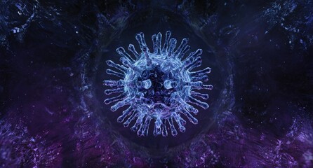 A glowing, blue virus particle floats in a nebula-like background