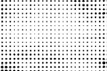 Grunge dotted halftone gradient background. Faded grit noise texture. White and black wallpaper. Retro pixelated backdrop. Anime or manga style comic overlay. Vector graphic design textured template.