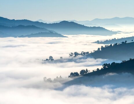 Misty mountain valley, layered with clouds