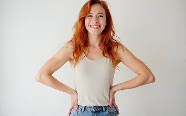 Young redhead woman cut out isolated makes scale with arms, feels happy and confident. High quality