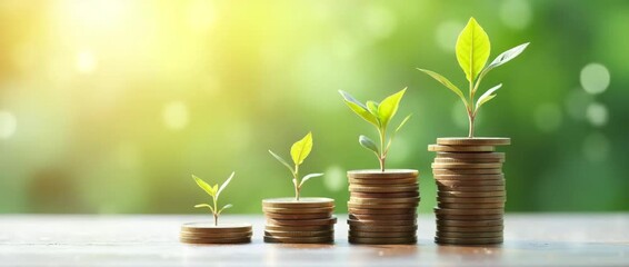 Illustration of seedlings growing on stacked coins symbolizing finance and investment saving money and financial and business growth for profit concept as Illustration of seedlings growing on stacked - Powered by Adobe