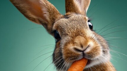 Rabbit is eating a carrot. The rabbit is looking at the camera. The rabbit is brown and white