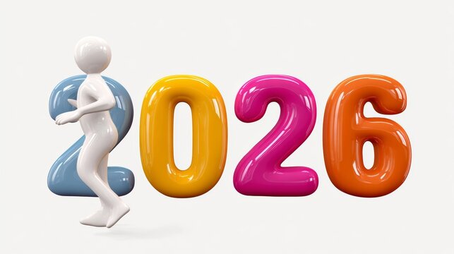 Man is running in front of the numbers 2026. The numbers are in different colors and are floating in the air