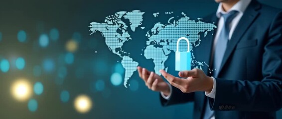 Businesspeople protecting personal information with global network security technology featuring encryption and padlock icons on virtual interface illustrating cybersecurity concept concept as Busines - Powered by Adobe