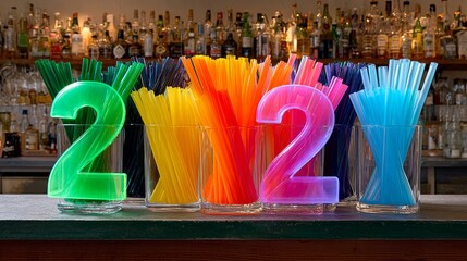 Row of colorful plastic straws spell out the number 2 in a glass vase. The vases are arranged in a row on a bar counter, with each vase containing a different color of straw