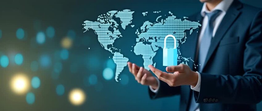 Businesspeople protecting personal information with global network security technology featuring encryption and padlock icons on virtual interface illustrating cybersecurity concept concept as Busines - Powered by Adobe