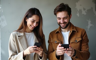 Photo of positive people man and woman smiling while both using mobile phones, isolated over concrete gray wall indoor. High quality