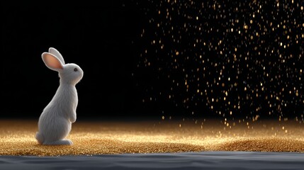 Rabbit is standing on a sandy beach with gold glitter falling around it. The scene is serene and peaceful, with the rabbit looking out into the distance