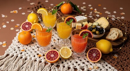 A refreshing assortment of citrus juices and fruits, including oranges and lemons, alongside cheese and bread, presented on a decorative cloth