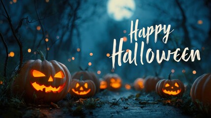 A spooky Halloween scene featuring glowing jack-o'-lanterns in a misty environment, perfect for seasonal promotions, party invitations, or festive decorations,