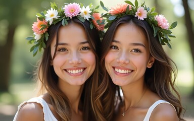 Two women with floral crowns smiling and posing for a photo outdoors. High quality