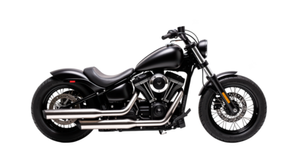 Sleek black motorcycle with chrome exhaust pipes, showcasing modern design and powerful stance, perfect for cruising
