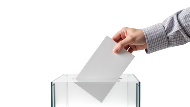 Casting vote in transparent ballot box symbolizes civic engagement and democracy. hand places blank ballot, emphasizing participation in elections