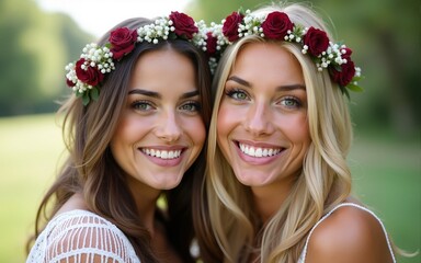 Two women with floral crowns smiling and posing for a photo outdoors. High quality