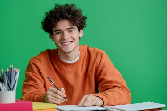 Cheerful young man with curly hair smiling, holding a pen, and writing in a notebook on a green background