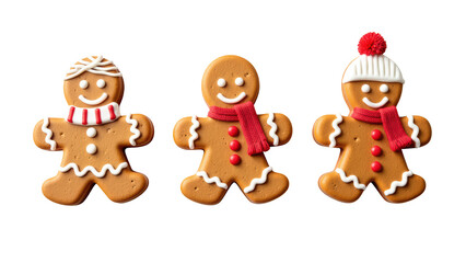 Naklejka premium Gingerbread cookies with festive decorations, featuring smiling faces and colorful accessories, perfect for holiday celebrations