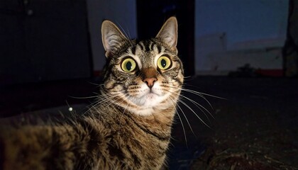 Surprised Tabby Cat Staring with Wide Eyes in the Dark.