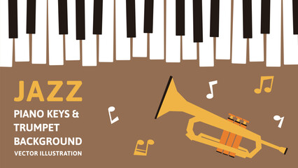 16:9の背景素材。ピアノの鍵盤とトランペットのレトロなデザインのベクターイラストデータ