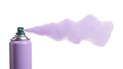 Purple spray can releasing soft lavender mist, creating calming and artistic atmosphere