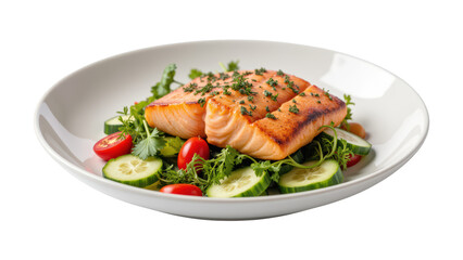 Fresh salmon fillet served on bed of mixed greens, cherry tomatoes, and cucumber slices, garnished with herbs for vibrant and healthy meal
