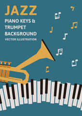 縦型Aサイズの背景素材。ピアノの鍵盤とトランペットのレトロなデザインのベクターイラストデータ