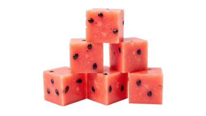 Fresh watermelon cubes stacked creatively, showcasing vibrant pink flesh and black seeds, perfect for summer snacks or fruit salads