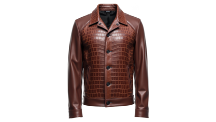 Stylish brown leather jacket featuring unique crocodile texture, perfect for fashionable look. Ideal for casual or semi formal occasions