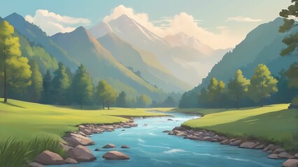 Serene Mountain River Landscape with Pine Forest and Snow-Capped Peaks