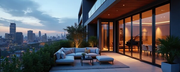 Luxury penthouse balcony at twilight offers city skyline panorama. Modern apartment features rooftop garden, outdoor seating, and elegant interior with grand piano.