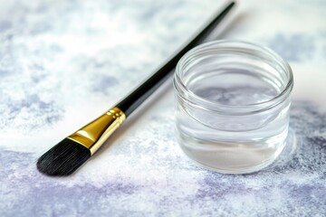 Painting brush with clean water in a glass jar, ready for watercolor hobby or art project, on a patterned surface