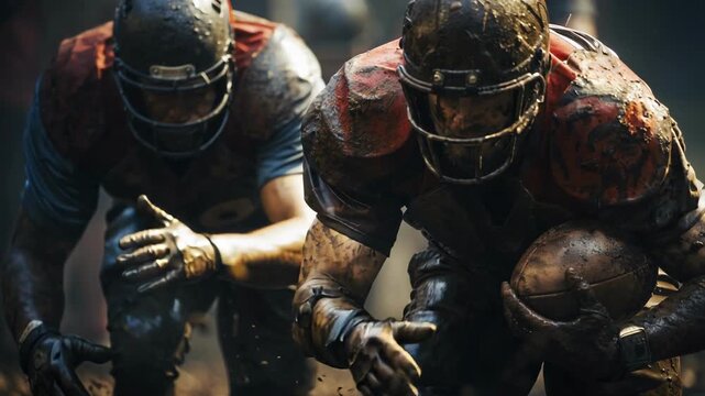 A tense moment in an intense football match showcasing players battling through mud and grit on the field.