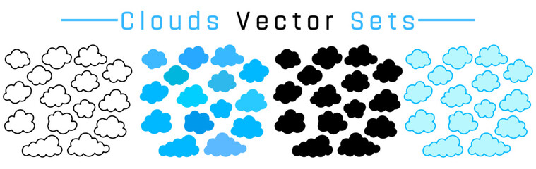 Cloud Vector Illustration Set in Black, Blue, and White Colors – Cute Fluffy Cloud Collection Flat Design Elements for Weather Icons, Patterns, and Backgrounds