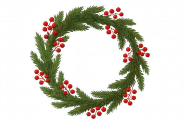 Christmas wreath with holly berries, festive evergreen fir branches, holiday decoration, transparent background
