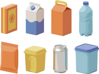 Set of Eight Food and Beverage Packaging Containers Including Bottles, Cans, Cartons, Boxes, and Plastic Storage for Vector Design