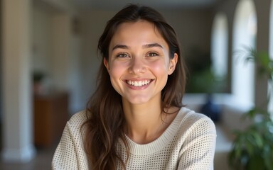 Portrait of a smiling young woman dressed in sweater. High quality