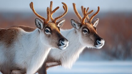 Fototapeta premium Two deer with antlers are standing in the snow. The deer are facing each other and appear to be looking at the camera. Concept of peacefulness and tranquility, as the deer are in their natural habitat