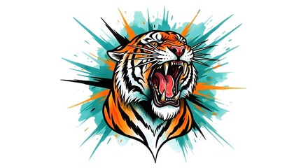 Vivid watercolor-style illustration of a roaring tiger with dynamic blue and orange splashes, symbolizing power, courage, and wild energy.