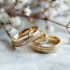 Close-up of two wedding rings on a light surface with delicate flowers.