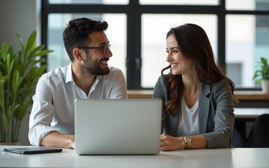a photo of two business people sitting at a table in an office, working on laptops and smiling at each other while looking into the camera. they are wearing casual and appear professional yet relaxed,