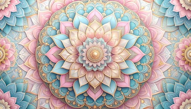 Intricate, pastel-colored mandala pattern with layered floral designs