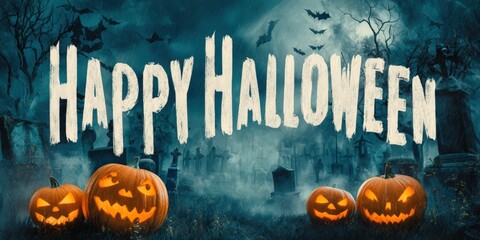 Happy halloween A spooky Halloween scene featuring glowing jack-o'-lanterns, bats flying in the dark sky, and a graveyard backdrop, Ideal for Horror themed events, promotions, or greeting cards,