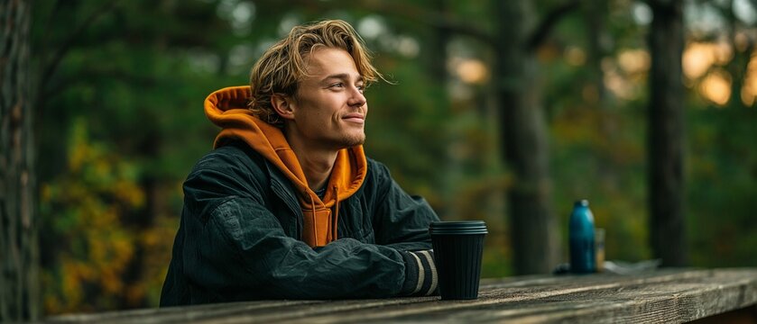 A young man sitting at a wooden picnic table outside in a forest, drinking a cup and looking intently into the distance, is wearing an orange hoodie and a black jacket.