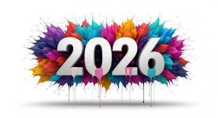The year 2026 celebrated with a vibrant splash of rainbow-colored powder paint, representing a creative and festive new beginning
