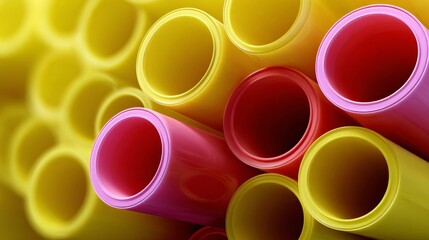 Bunch of plastic tubes in various colors, including yellow, red, and pink. The tubes are arranged in a way that creates a sense of depth and dimension