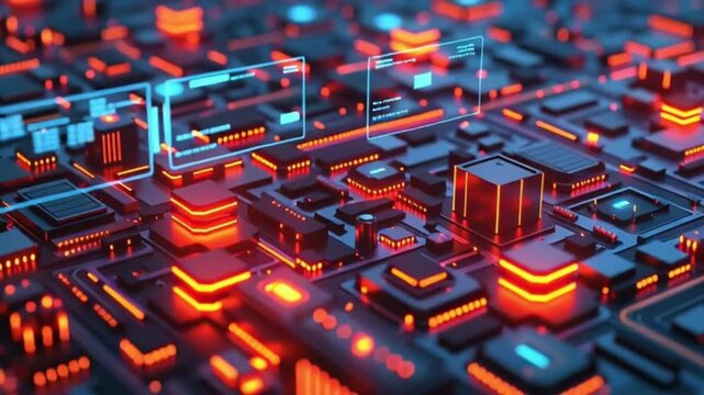 High-Tech Circuit Board with Illuminated Microchips and Electronic Components in Closeup