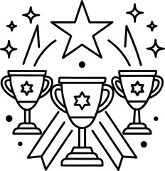 A black and white line-art illustration featuring three stylized trophies with stars on them, arranged in a triangular layout. The trophies are surrounded by sparkles and celebratory elements. One fig