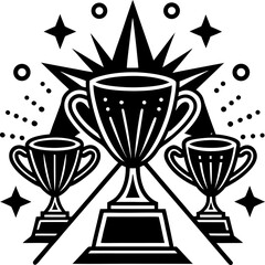 A black and white line-art illustration featuring three stylized trophies with stars on them, arranged in a triangular layout. The trophies are surrounded by sparkles and celebratory elements. One fig