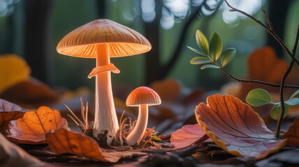 Enchanting forest floor mushrooms glow warmly amidst autumn leaves vibrant nature scene magical atmosphere illustration