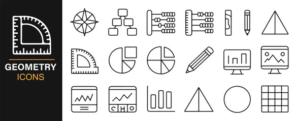 Geometry and Mathematics Icon Set, Featuring Shapes, Graphs, and Educational Tools